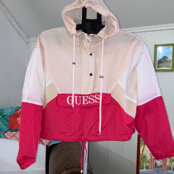 Guess Jackets & Blazers - Guess Pink and Cream Hooded Windbreaker
